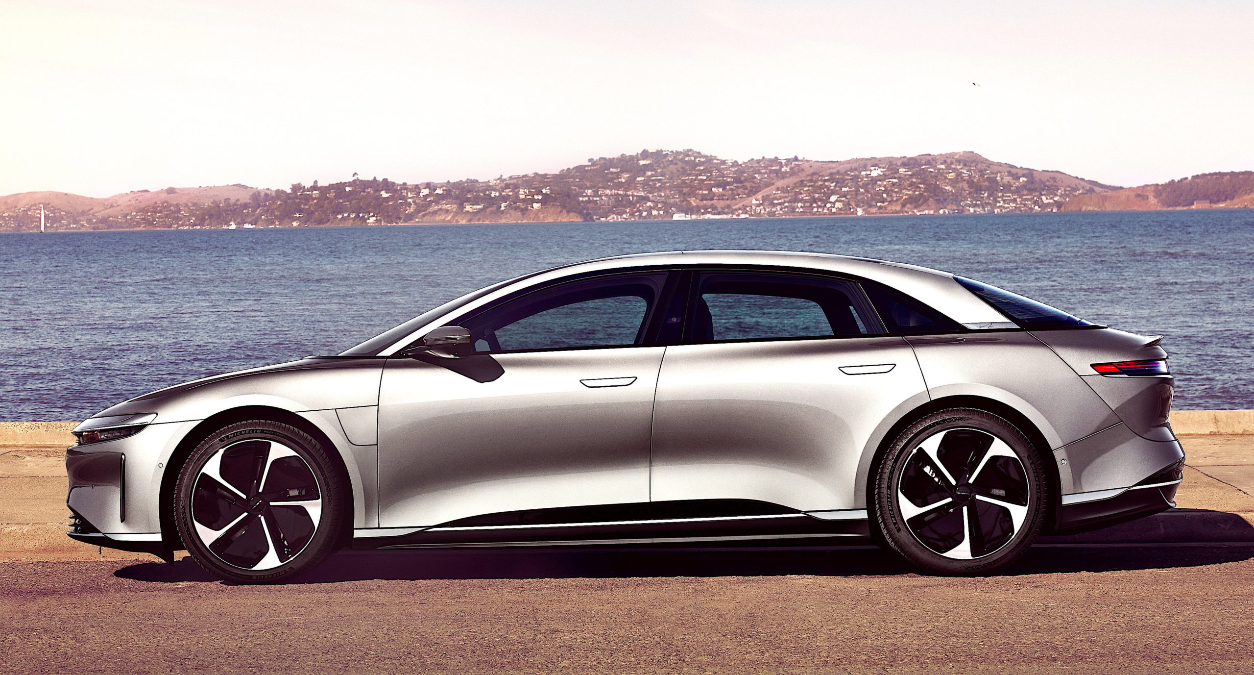 The Lucid Air next to the San Francisco Bay