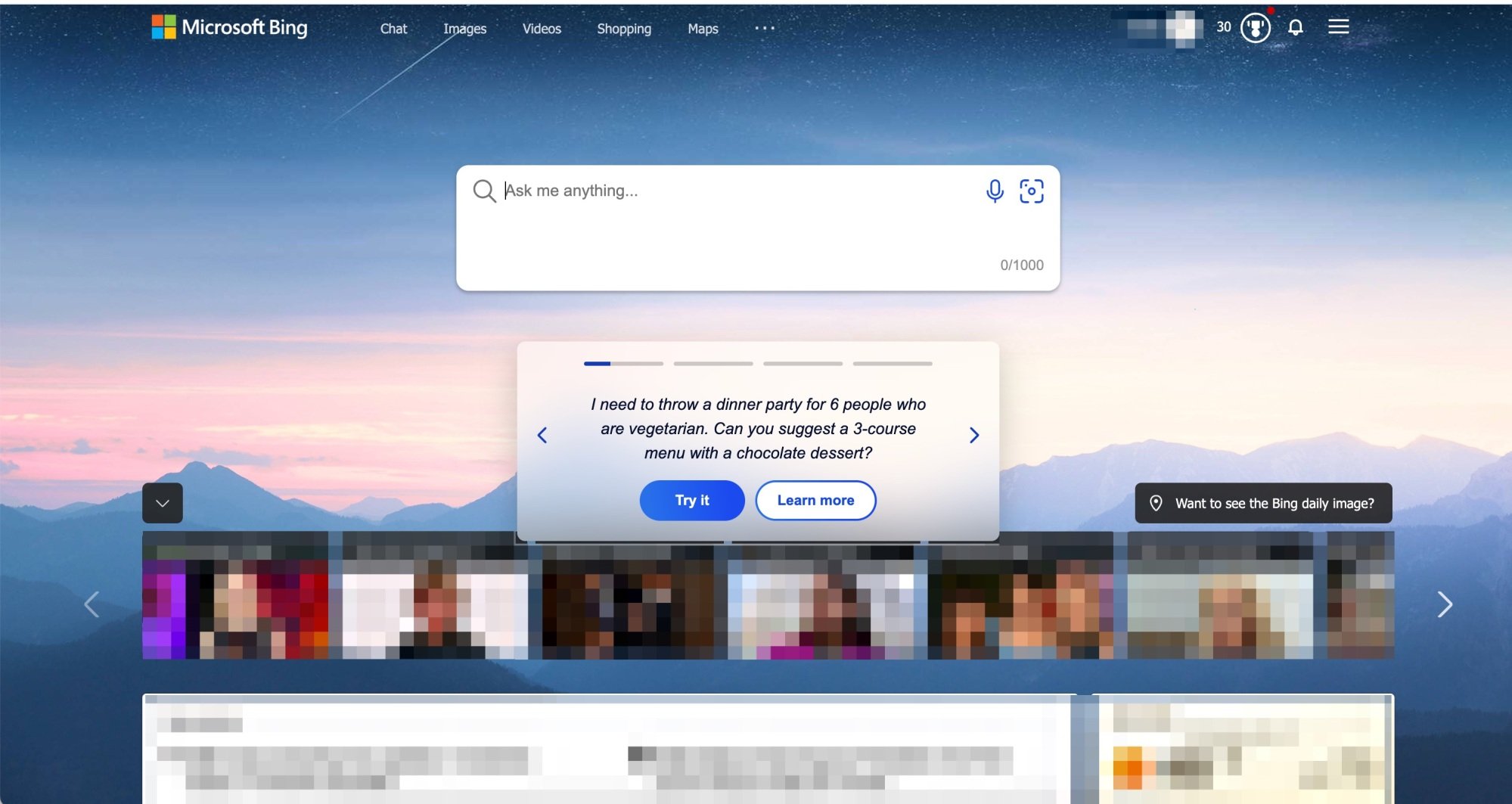 Bing homepage with ChatGPT preview