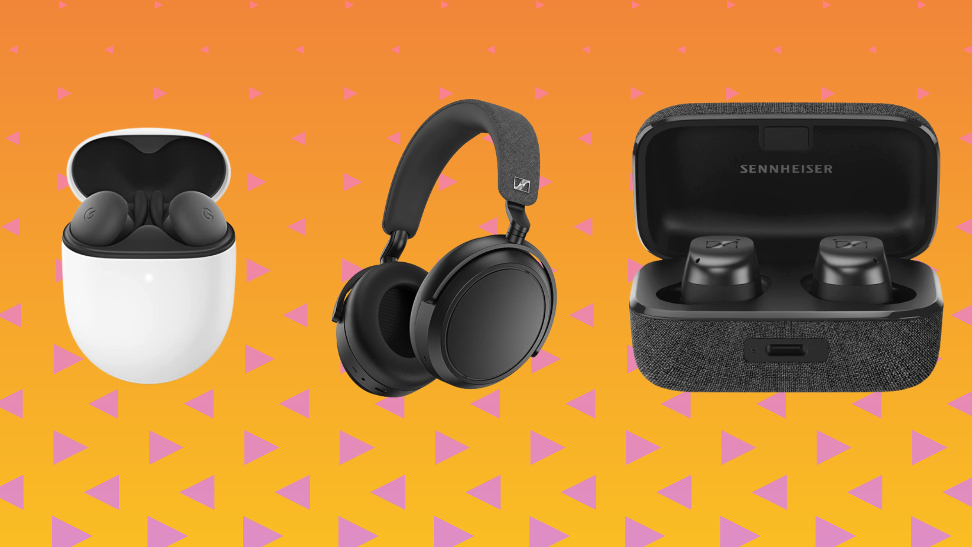 Google pixel earbuds, sennheiser headphones, and sennheiser earbuds against orange background and pink triangles