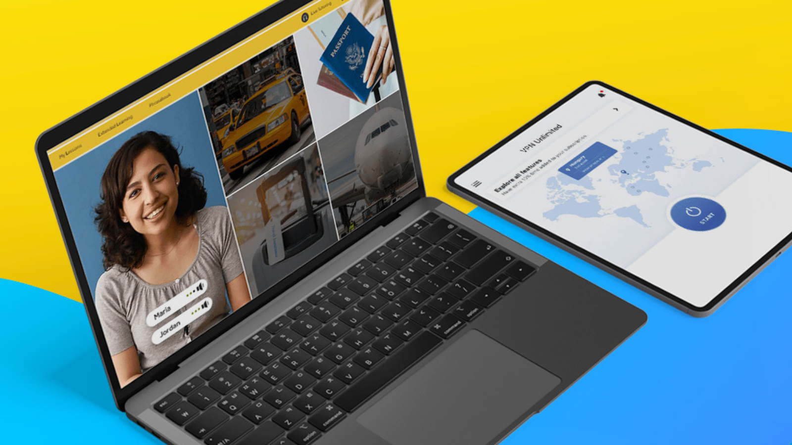 laptop and tablet with rosetta stone software open and yellow and blue background