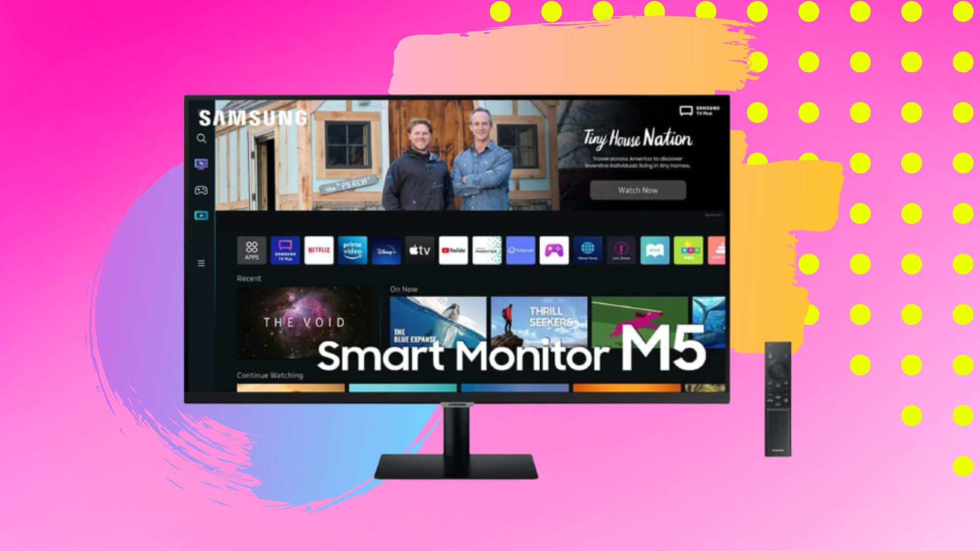 Smart monitor with streaming menu against a pink background with yellow polka dots, purple and blue, and golden yellow.