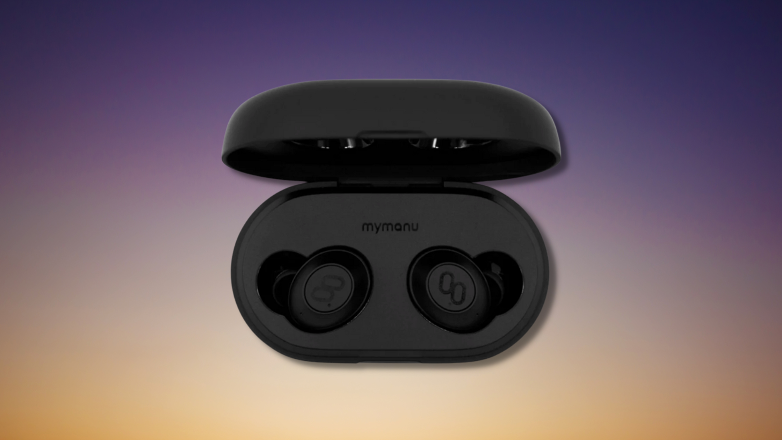 mymanu clik s earbuds in black case with gradient color background