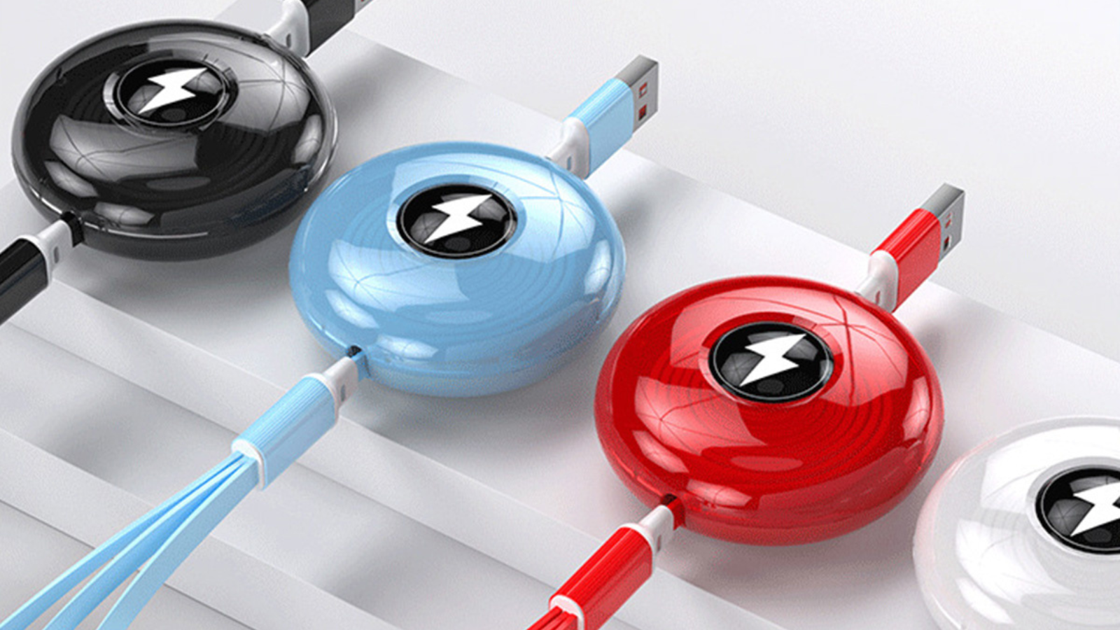 3-in-1 charging cables in black, blue, red, and white