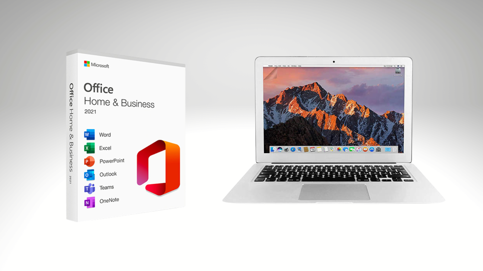 macbook air and microsoft office home and business for mac with gray gradient background