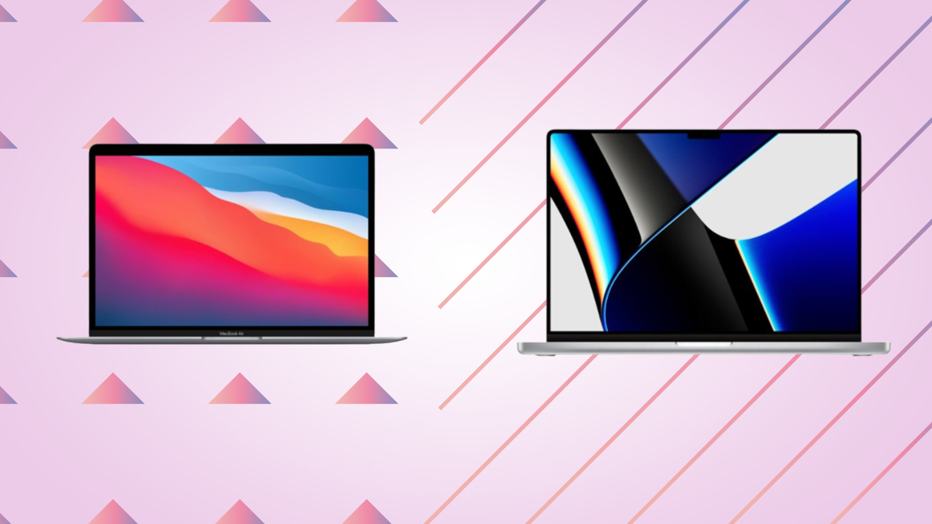 Macbook air and Macbook pro against a pink background with triangles on the right and diagonal lines on the left