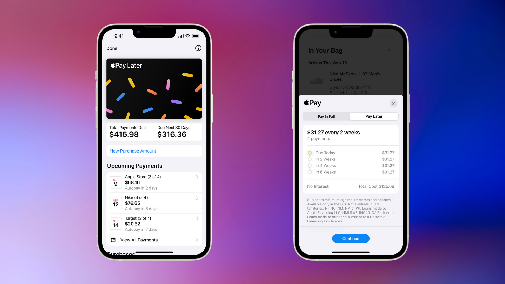 Apple Pay Later screens on two iPhones against a colorful abstract background