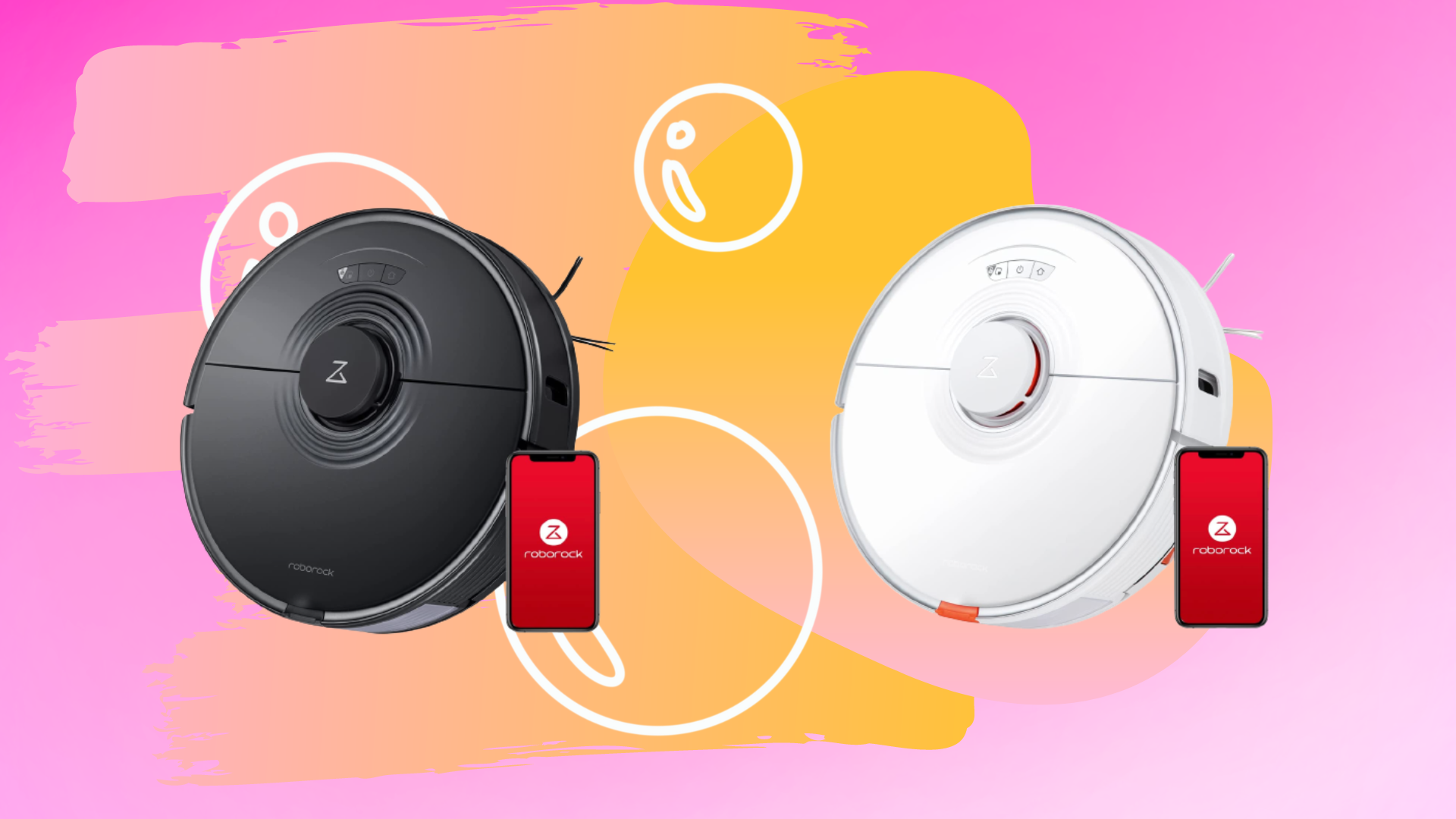 two robot vacuums: black on left, white on the right, against a pink background with peach shapes and bubble drawing