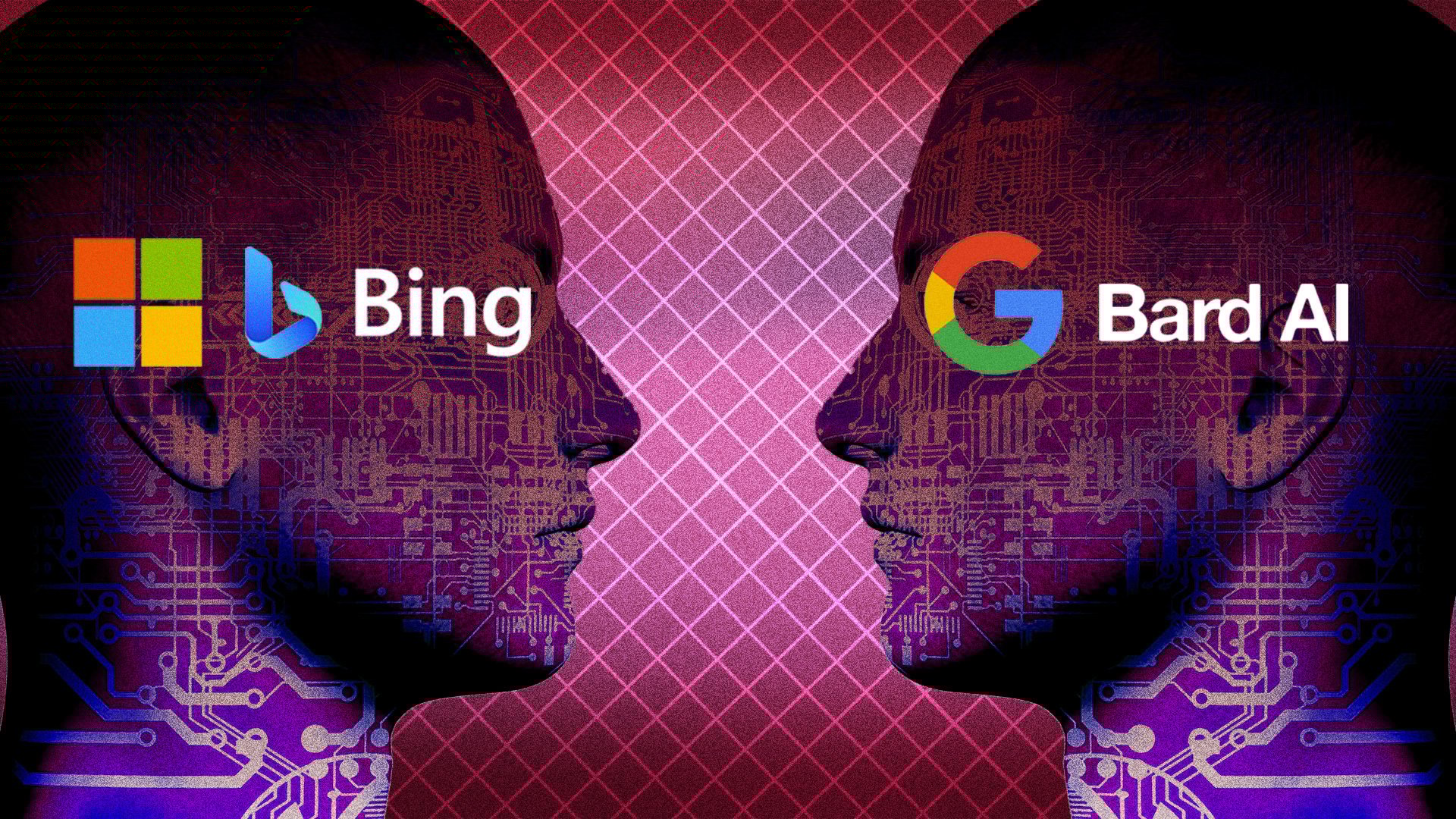 Two faces in profile, one with the Bing logo, the other with the Bard logo staring at each other.