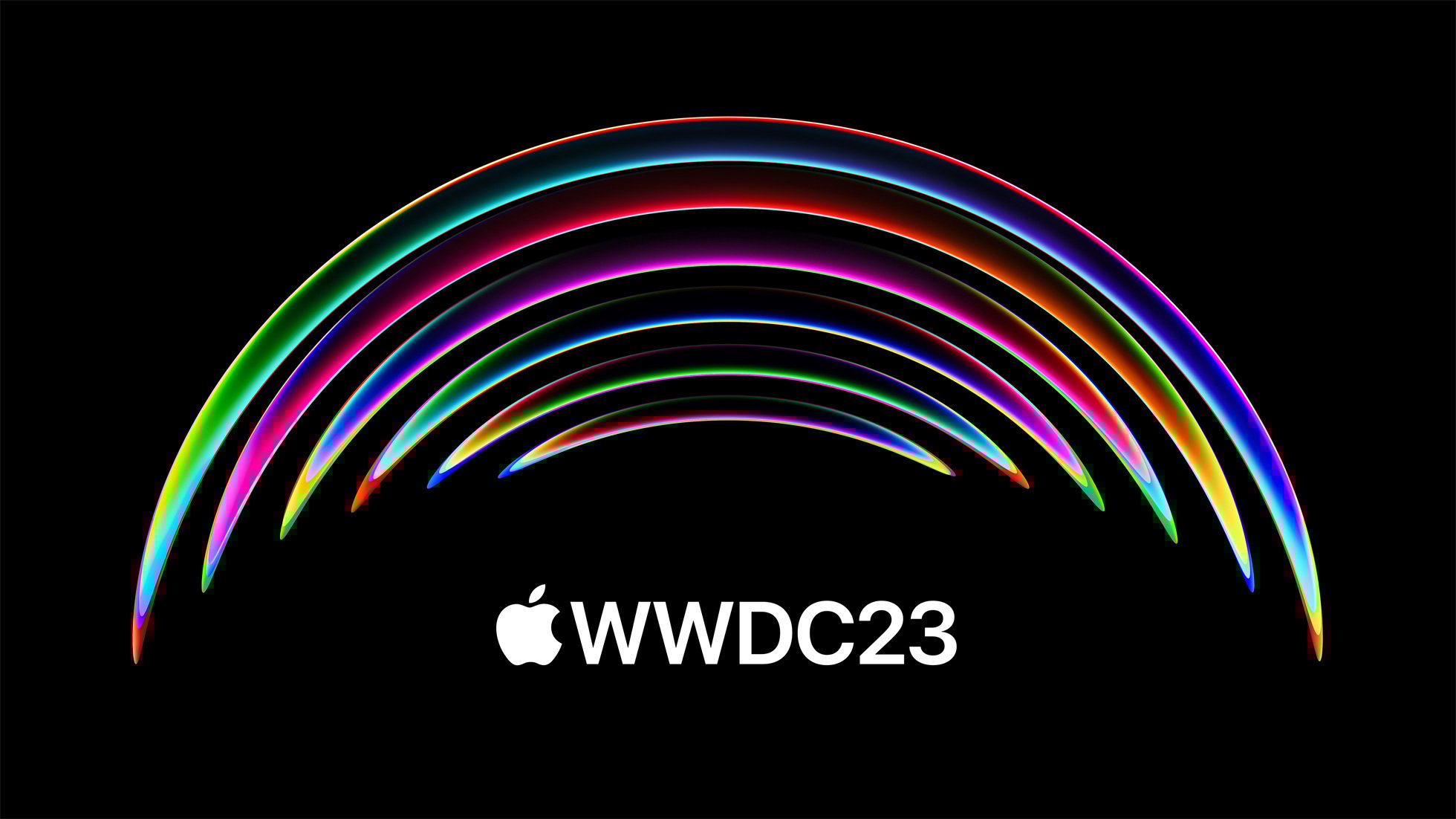 Apple's WWDC23 announcement with rainbow-colored arcs against a black backdrop