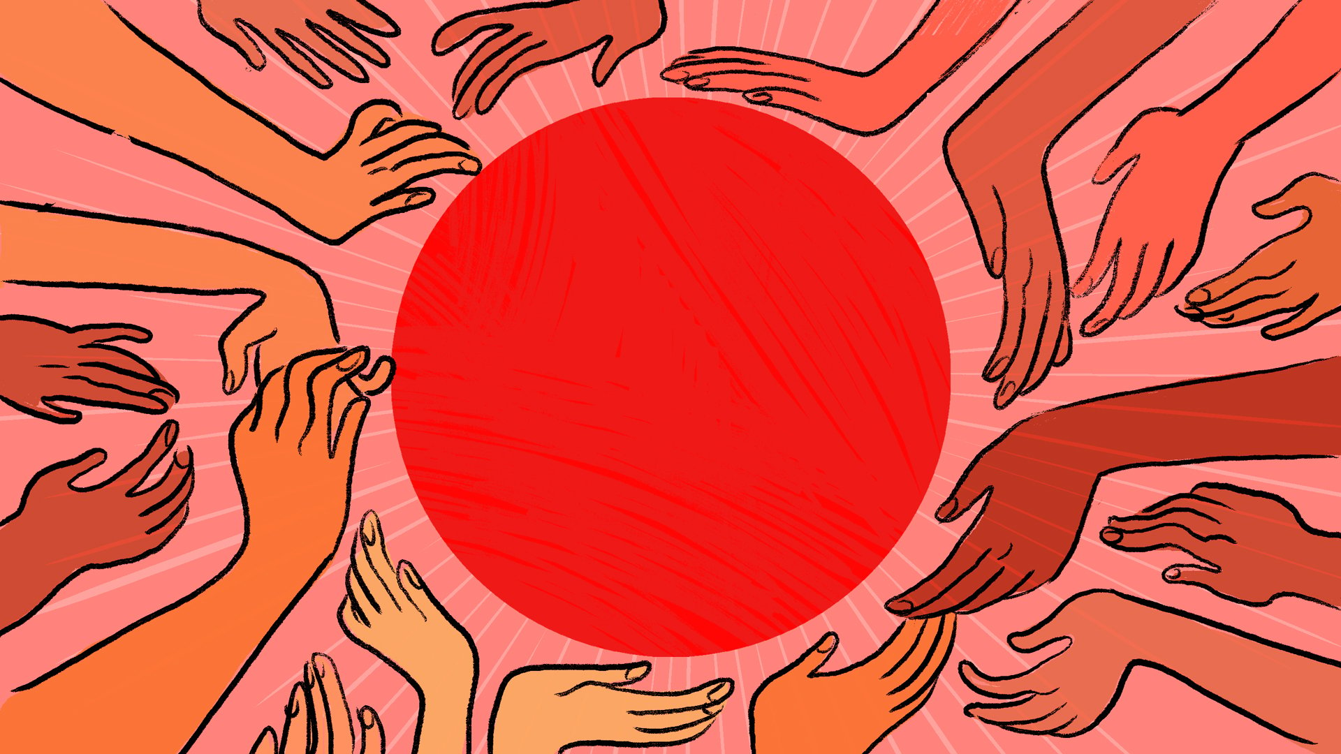 A red circle surrounded by hands. 