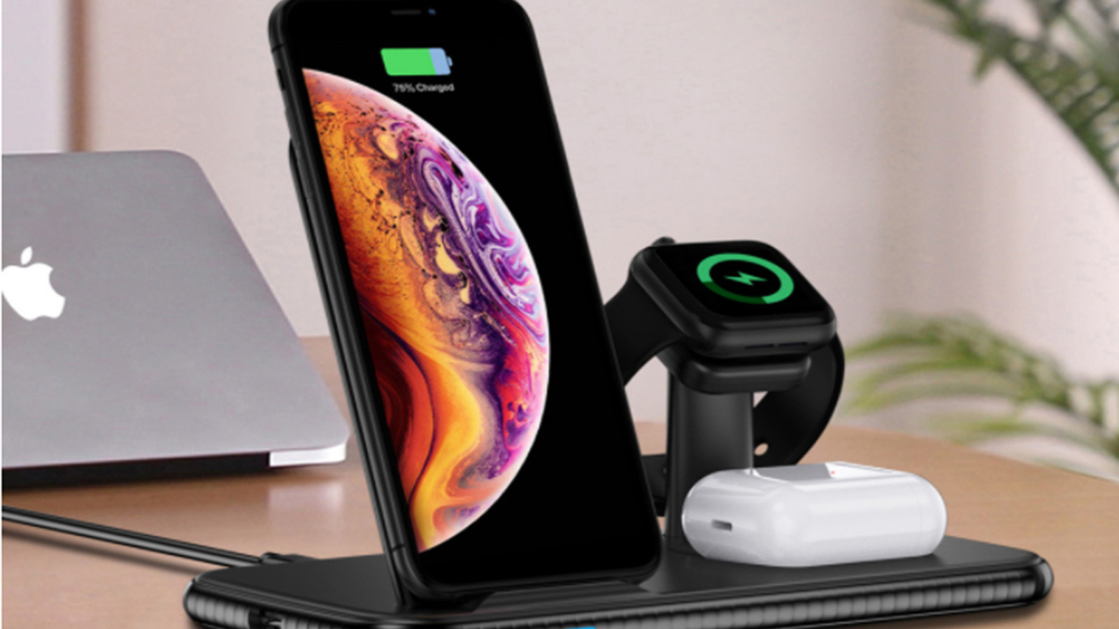 phone, airpods, and apple watch charging on hub