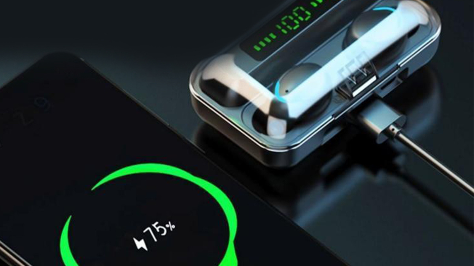 ninja dragon btmax earbuds charging case next to phone