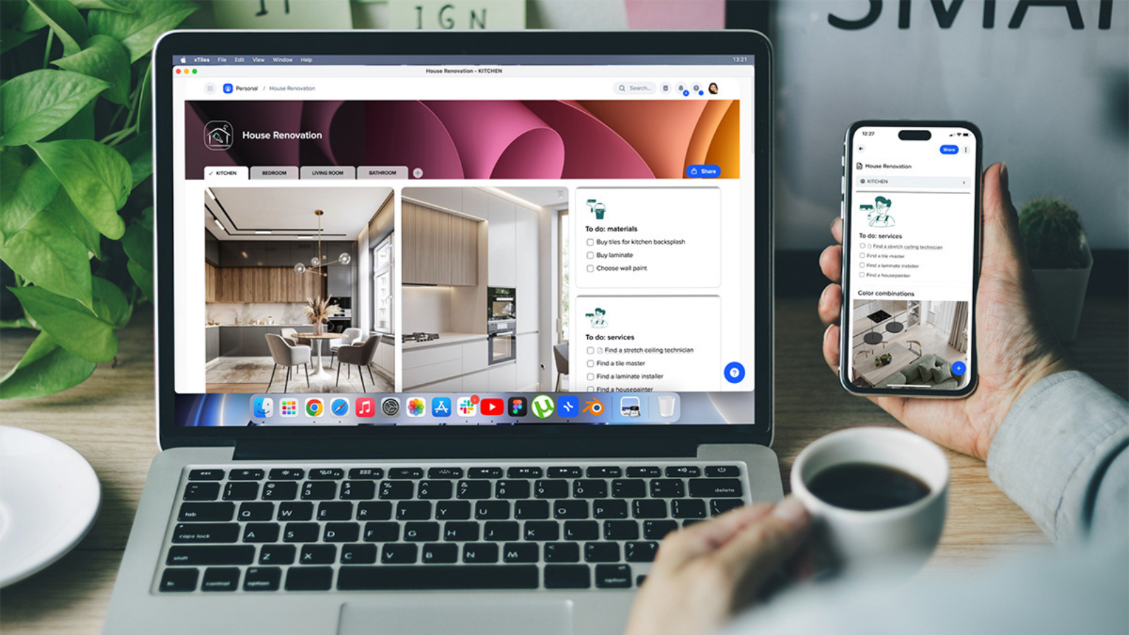 person using xtiles on phone and laptop with cup of coffee