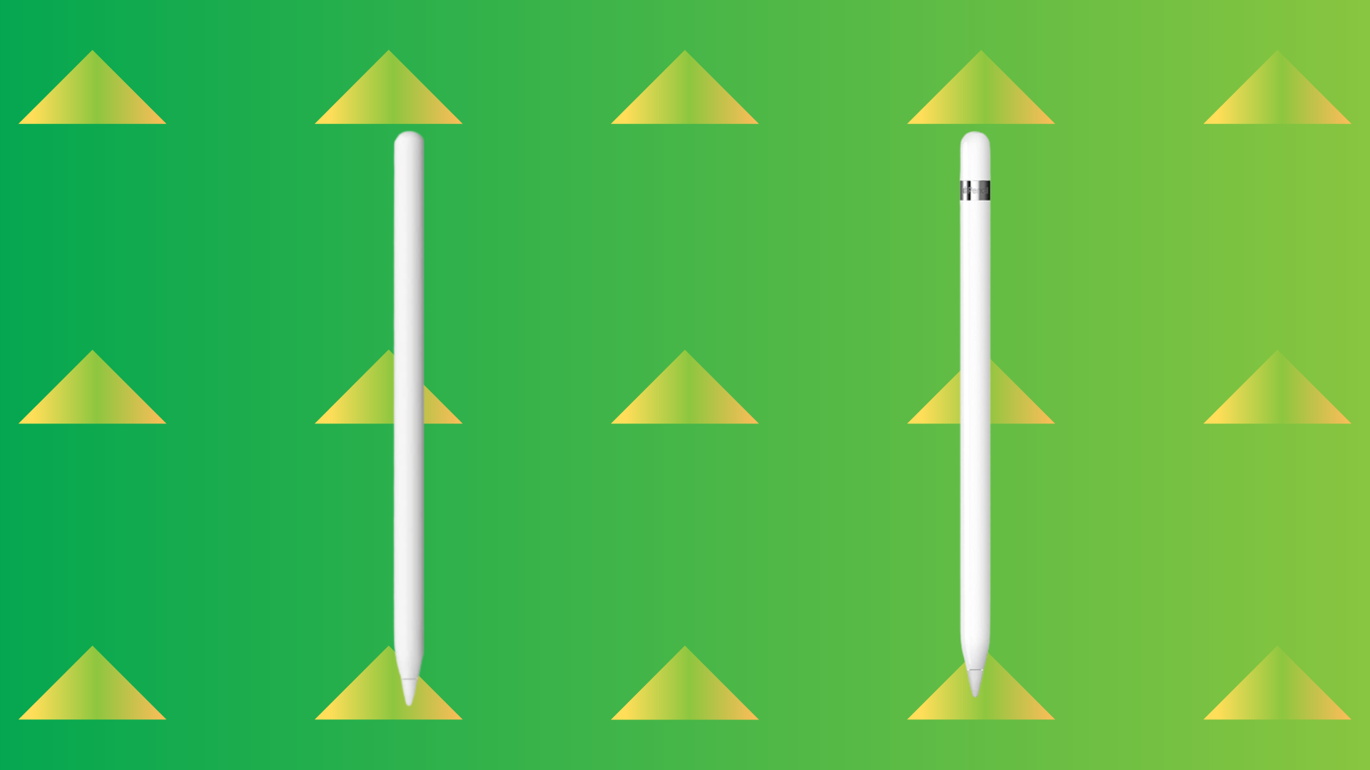 Apple Pencils, 1st and 2nd generation against a green background and yellow/green triangles