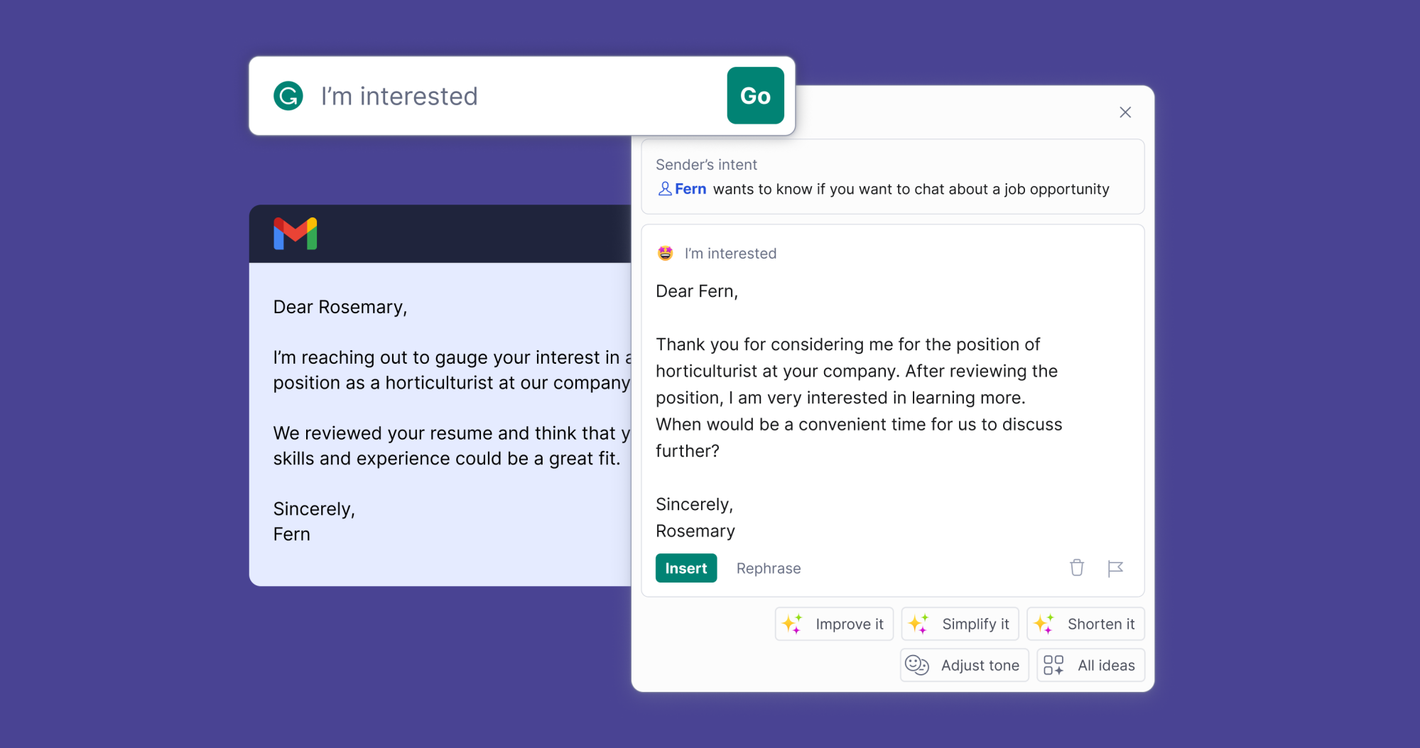 GrammarlyGO generating a email response