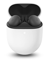 Black earbuds in a white charging case