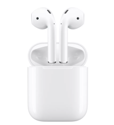 AirPods in charging case against white background