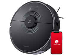 Black roborock s7 at an angle, smartphone with red screen on bottom right