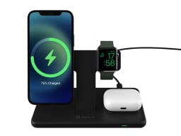 omnia m3 charging station with iphone, apple watch, and airpods