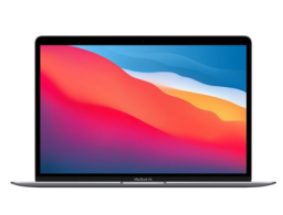 Apple MacBook Air with a surreal mountain gradient landscape in purple, red, orange, and blue