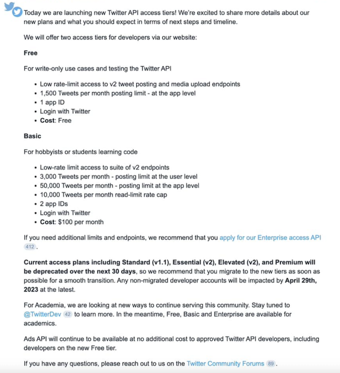 Twitter API pricing email