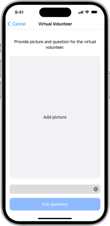 A screenshot of the Be My Eyes Virtual Volunteer tool, which is prompting the user to add a picture and question.