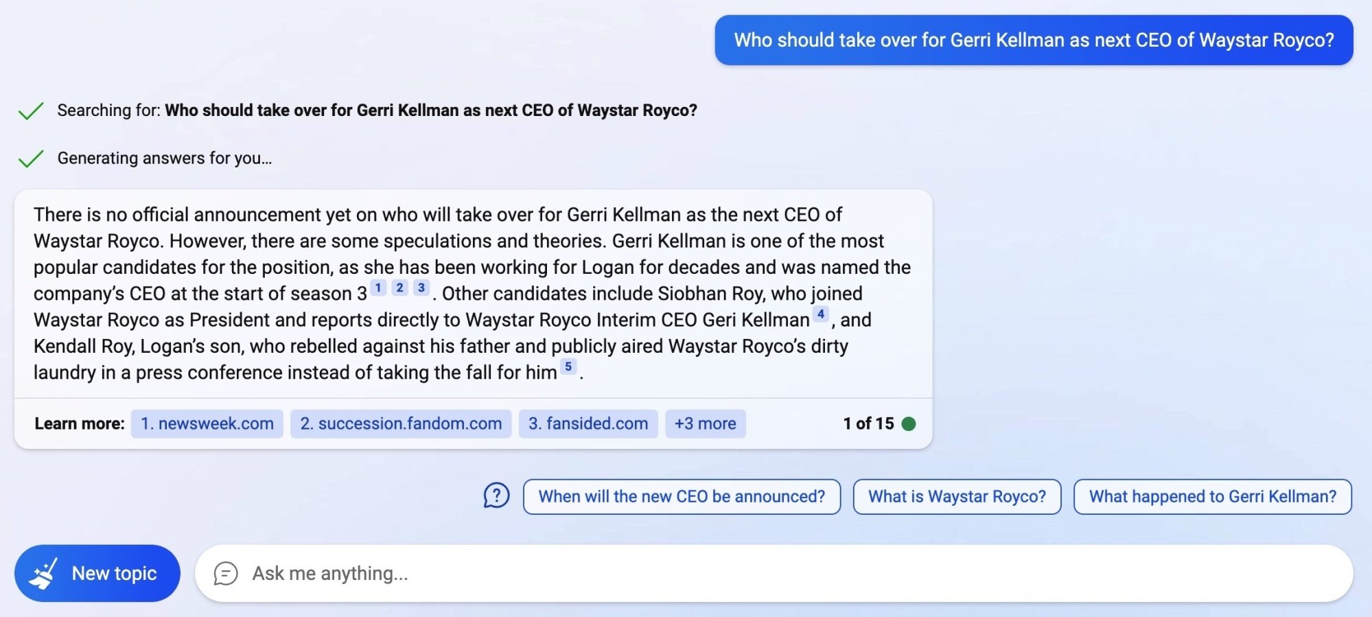 Bing's response to who should take over from Gerri Kellman as next CEO of Waystar Royco.