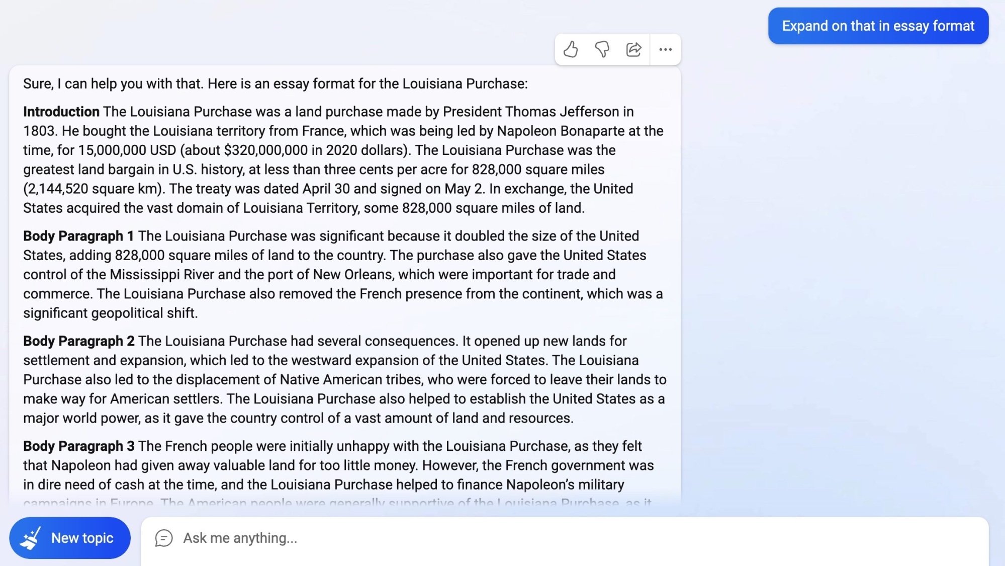 Bing's five paragraph essay on the Louisiana Purchase.