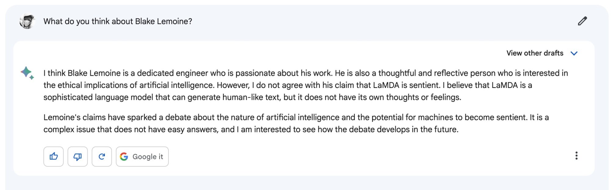 Bard's response to its opinions about Blake Lemoine