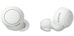 White Sony earbuds against white background