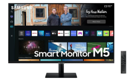 Smart M5 monitor against white background, remote on bottom right