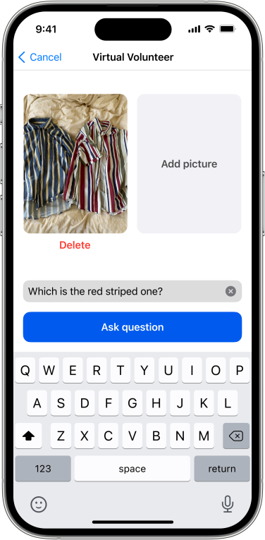 A screenshot of the user's inputs to the Virtual Volunteer. They are uploading a photo of two striped shirts and asking the AI which is the red-striped one.