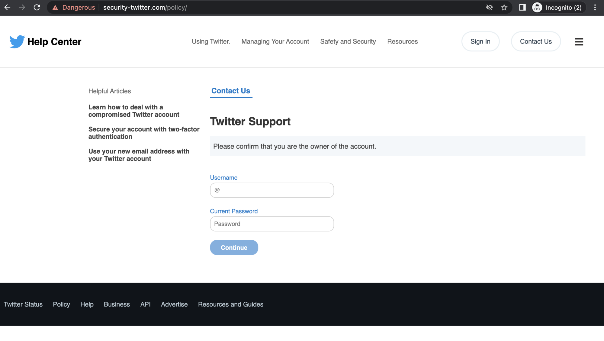 Twitter Phishing Page