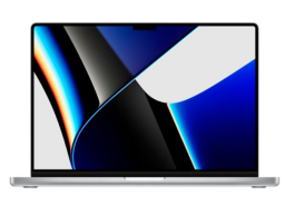 MacBook Pro 1TB with a blue, grey, and black screensaver against a white background