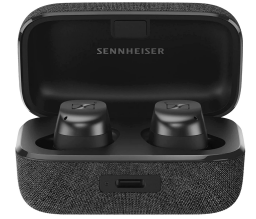 Black earbuds in charging case against white background