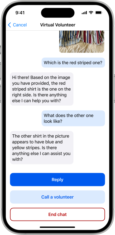A screenshot of the user asking the Virtual Volunteer "What does the other one look like?&rdquo; The AI responds, &ldquo;The other shirt in the picture appears to have blue and yellow stripes. Is there anything else I can assist you with?&rdquo;