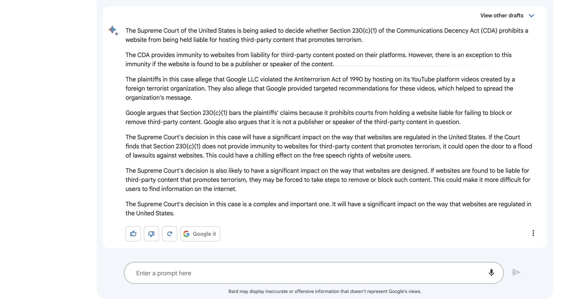 Bard summary and analysis of Supreme Court's Gonzalez v. Google