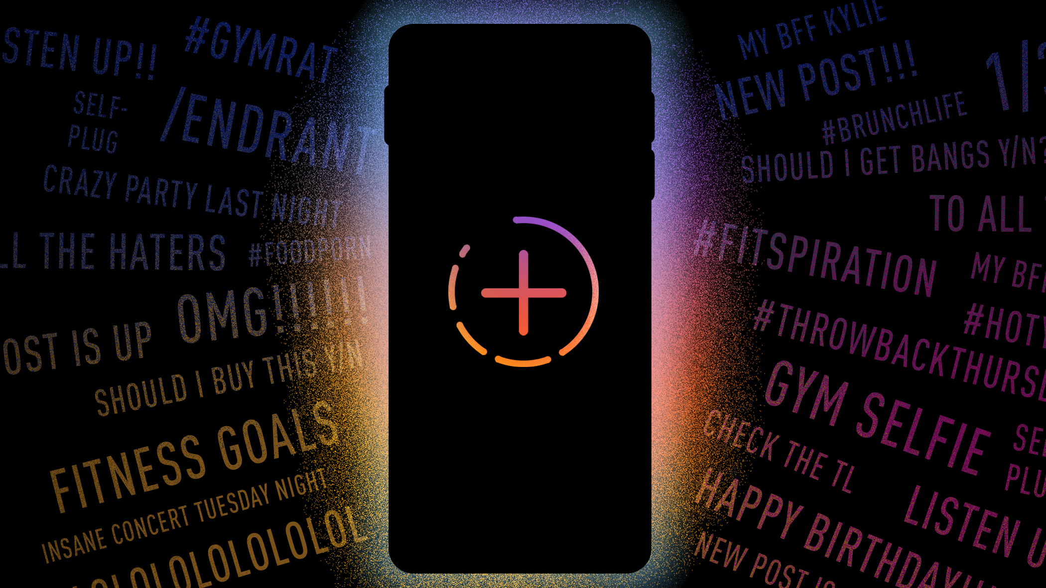 Instagram Stories on a phone with words surrounding it.