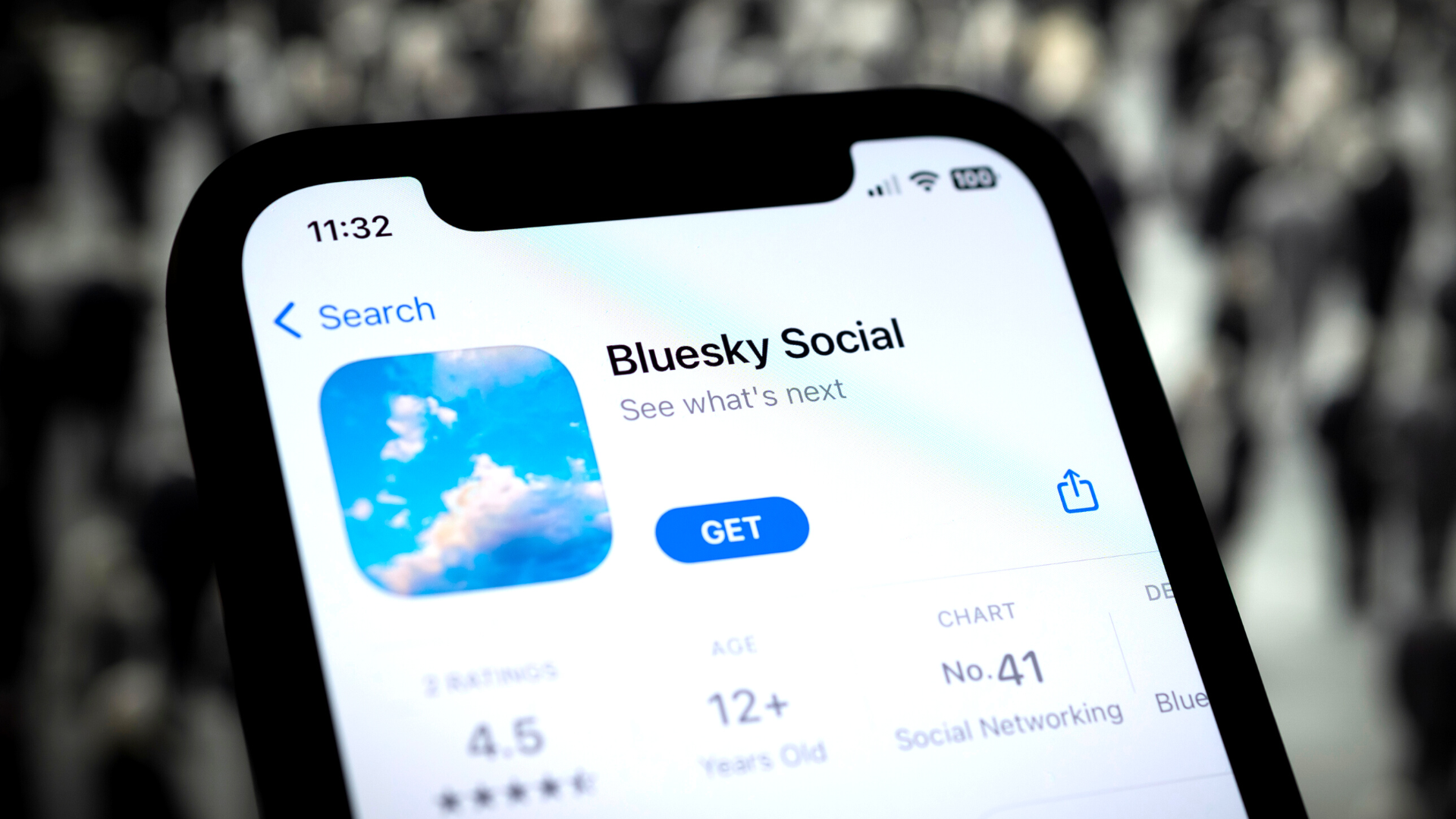 A screenshot of the Bluesky app store page bulled up on a mobile phone.