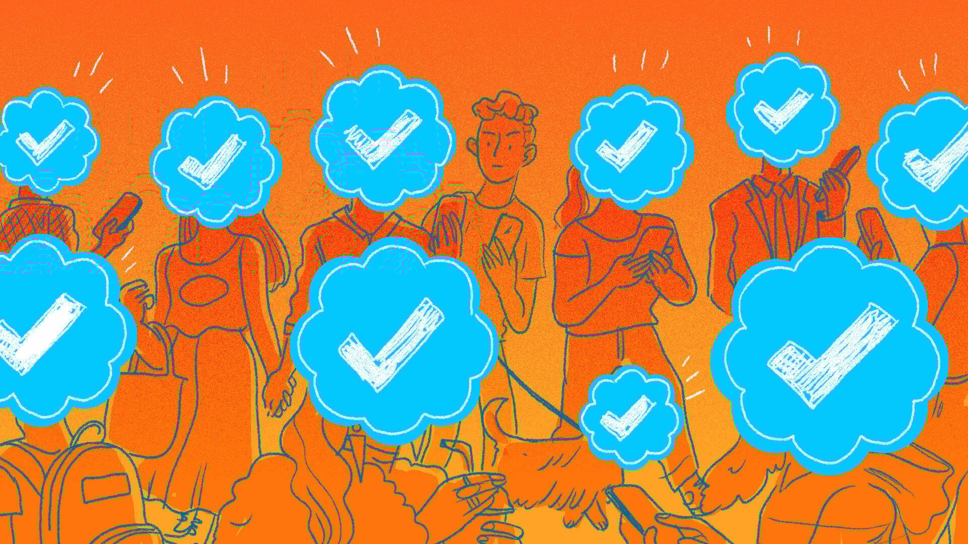 An illustration of people holding phones, their heads replaced by giant blue verification tick badges. One person's face is visible and they look confused and annoyed.
