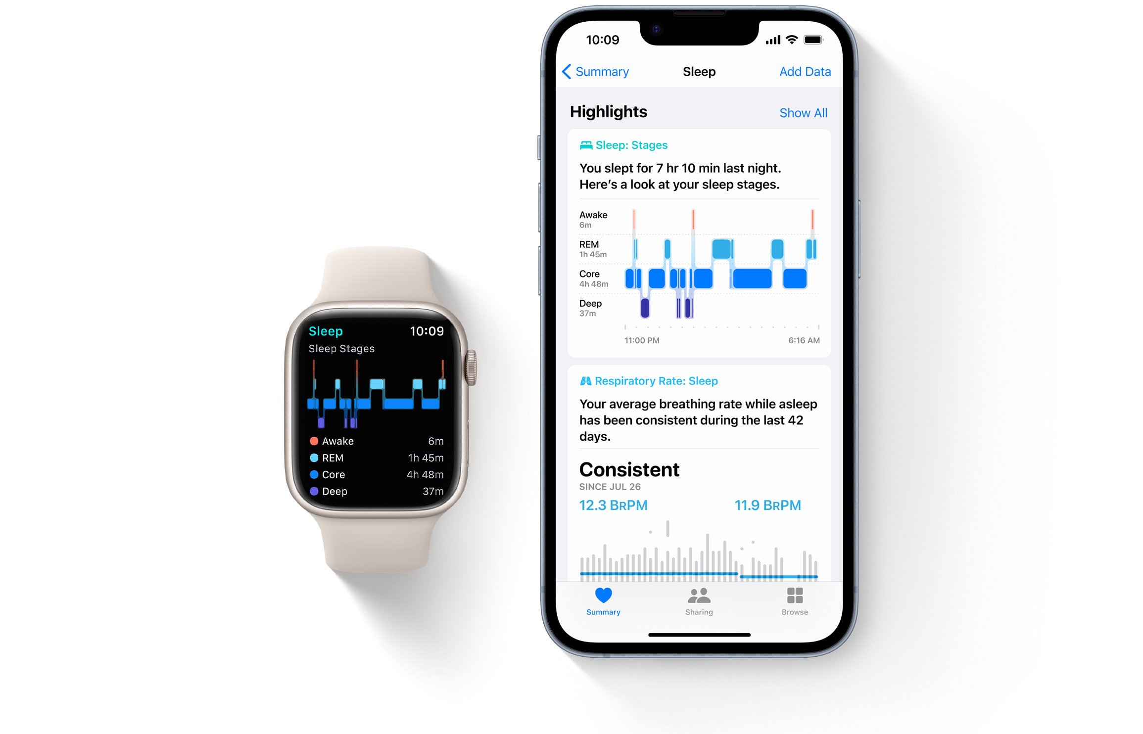 Apple Watch and Apple health app showing sleep activity