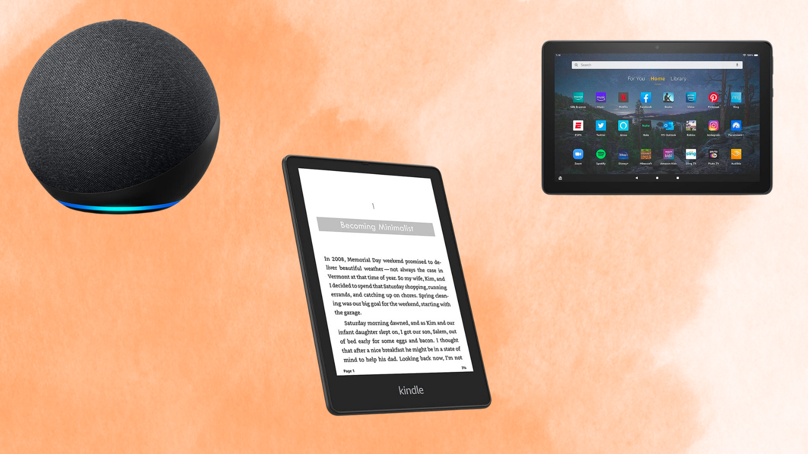Amazon Echo, Kindle, and Fire table on light orange background