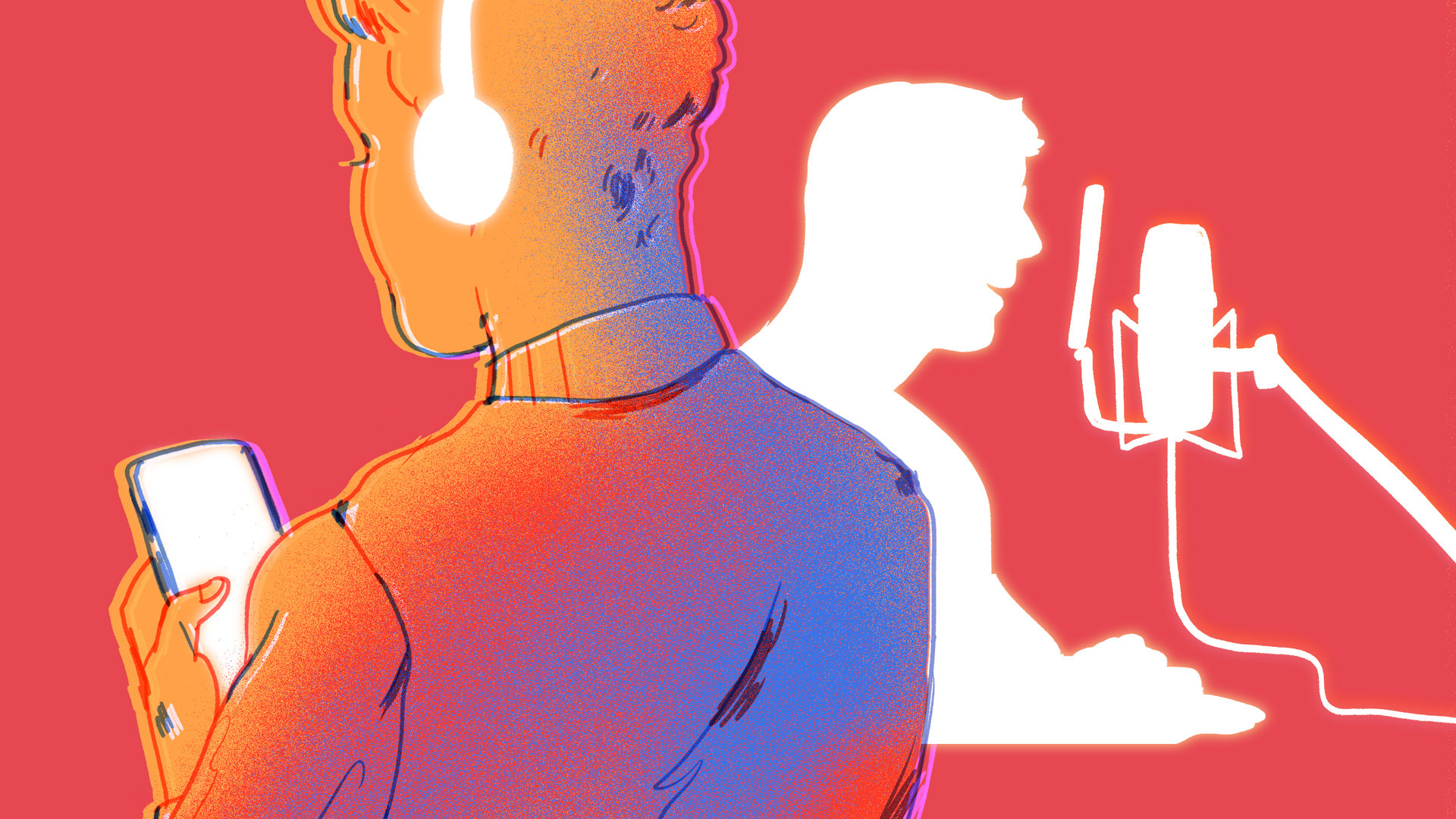 A person creating a podcast and a person listening to a podcast.