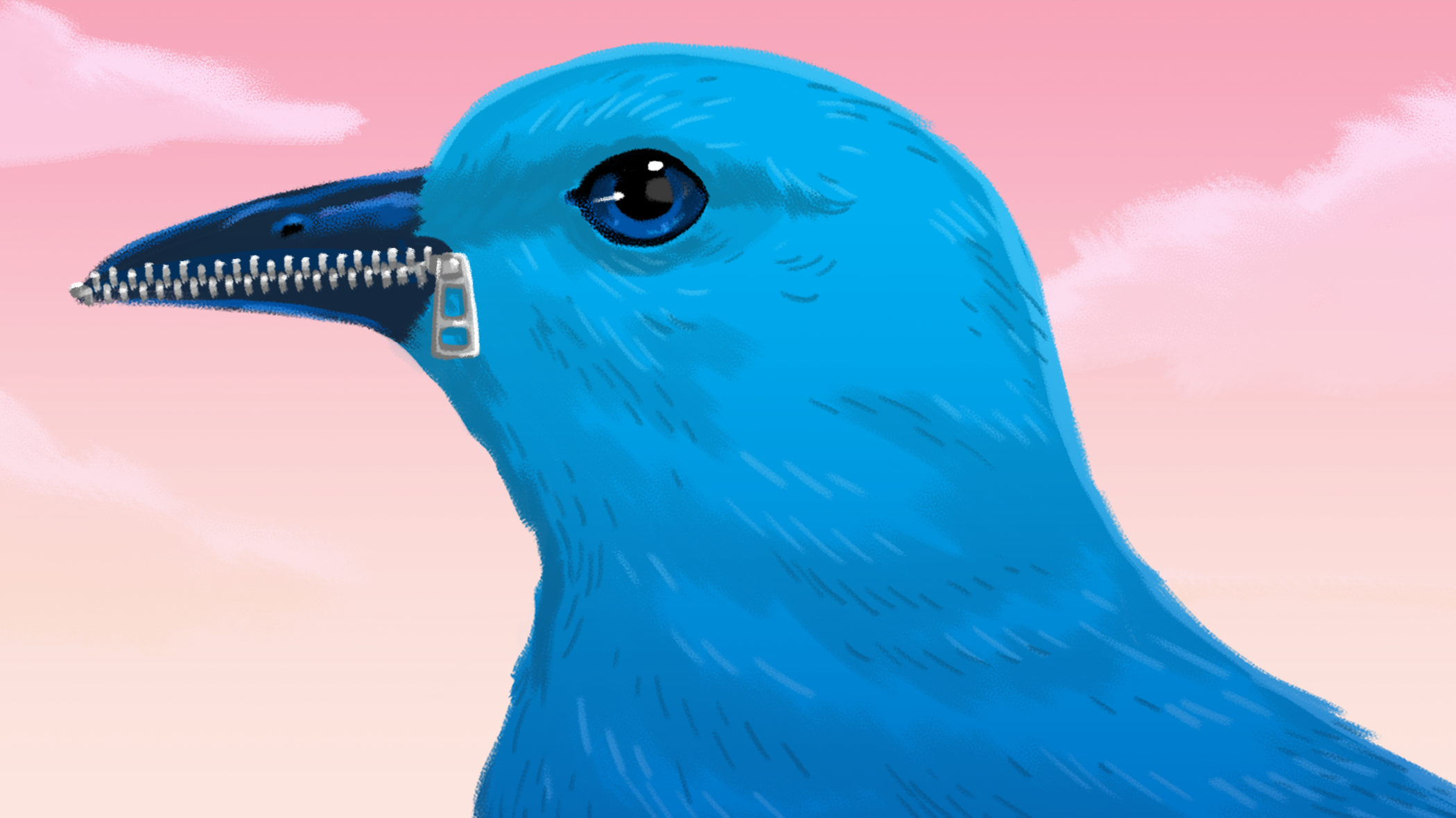 Illustration of a blue bird with it's mouth zip-tied up.