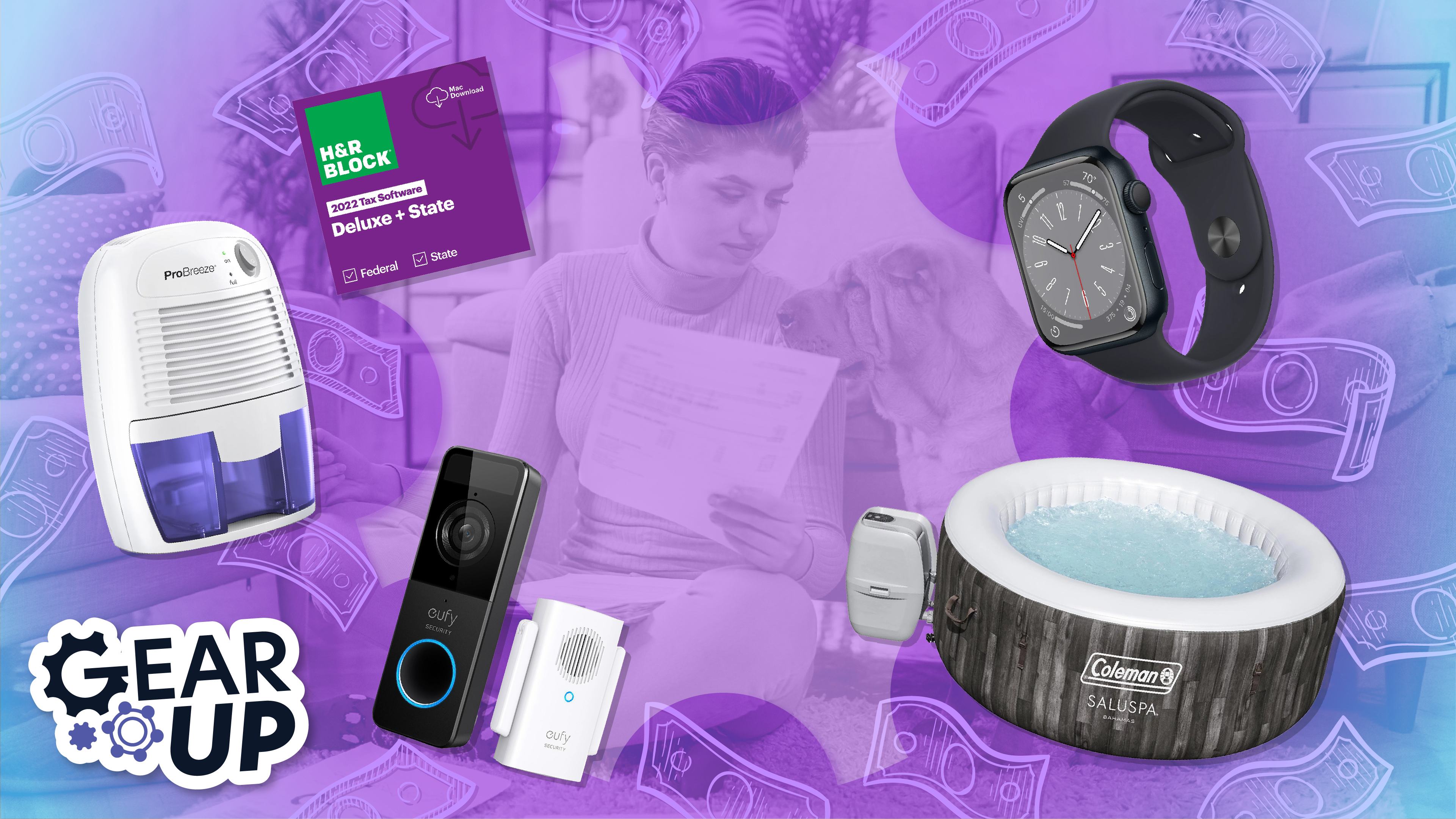 Person holds tax forms with dog next to them as walmart tech products float around