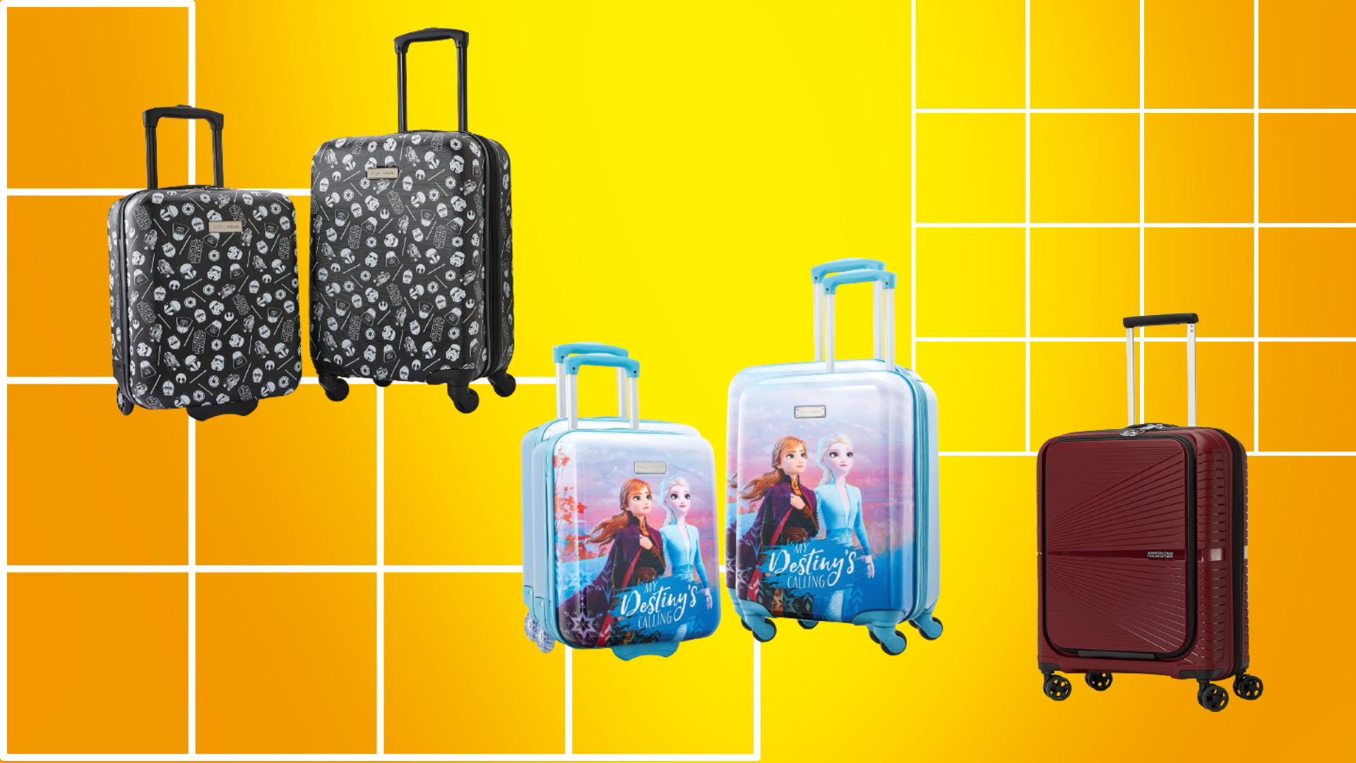 Black and white print set of 2-pc luggage set, Frozen luggage set (2pc), and wine colored wheeled luggage