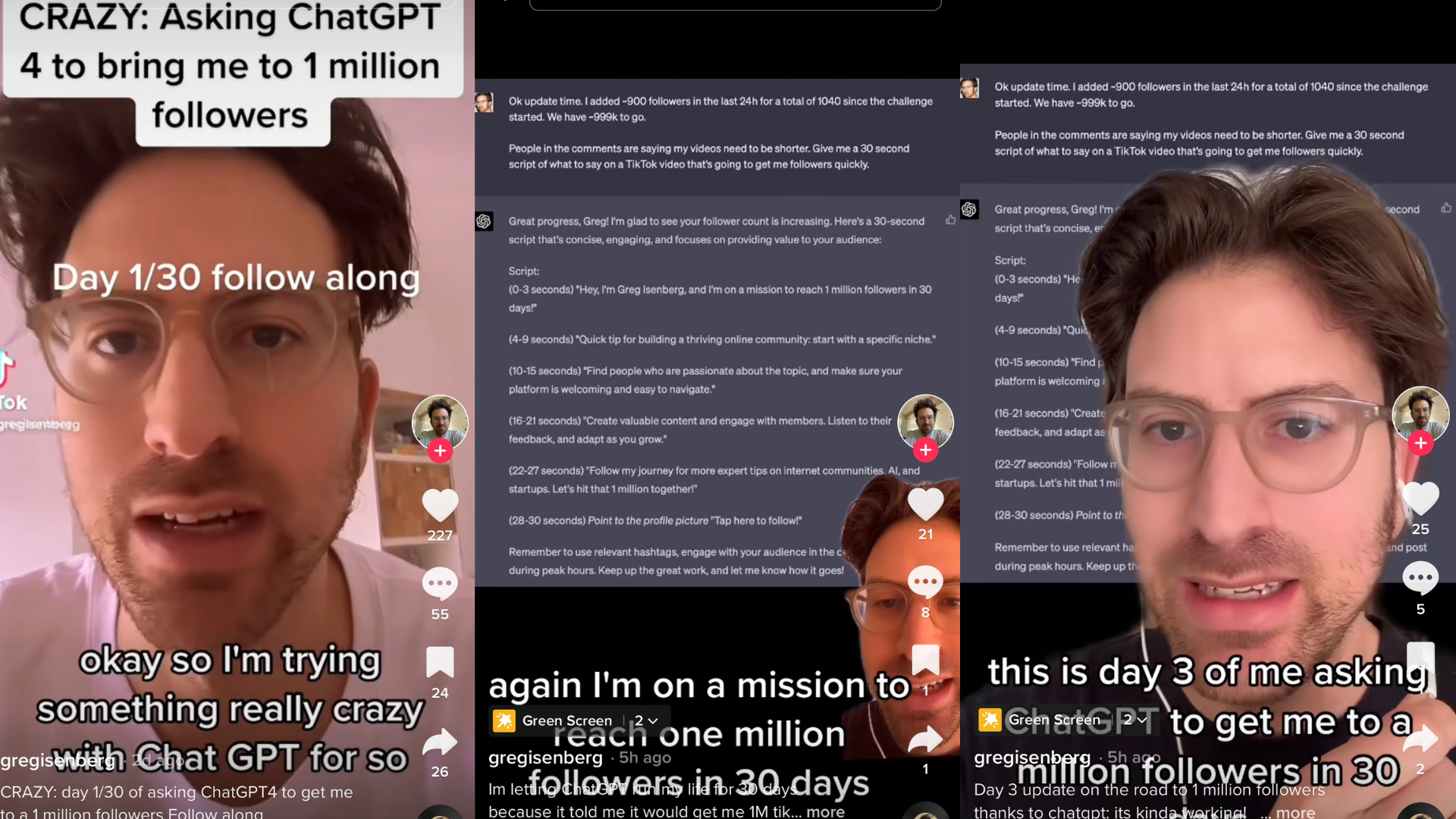 TikToks of Greg Isenberg using ChatGPT to try and gain one million followers