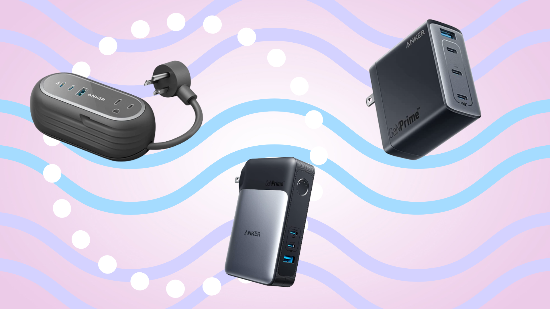 small charger, power station, and portable charger against a purple background with blue, pink, and white