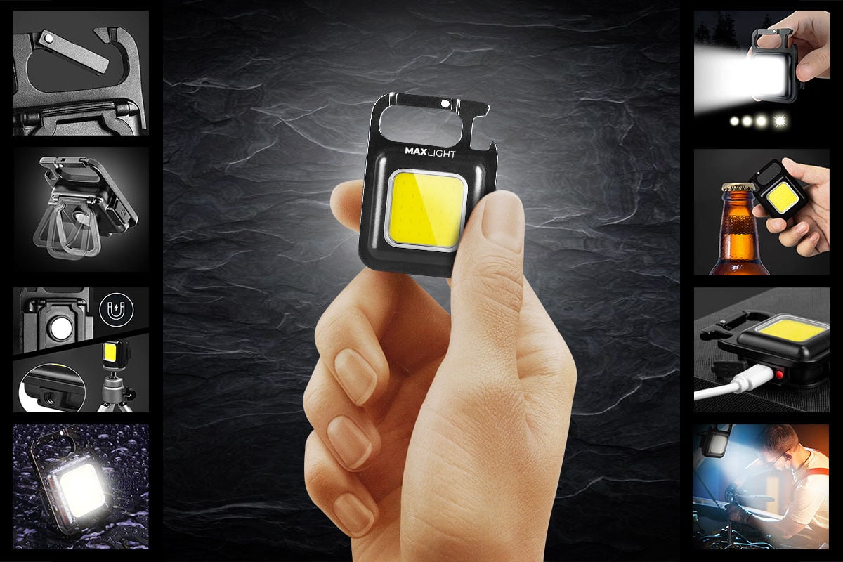 hand holding a portable flashlight, eight photos along the border of the frame show the flashlight's tools in action: as a bottle opener, kickstand, and more