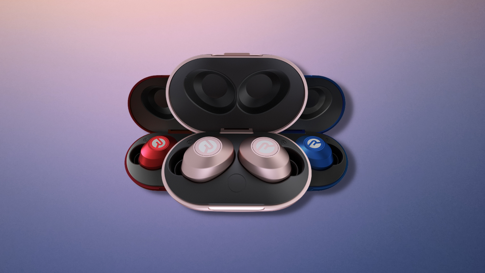 rayon earbuds in multiple colors with pink and purple gradient background